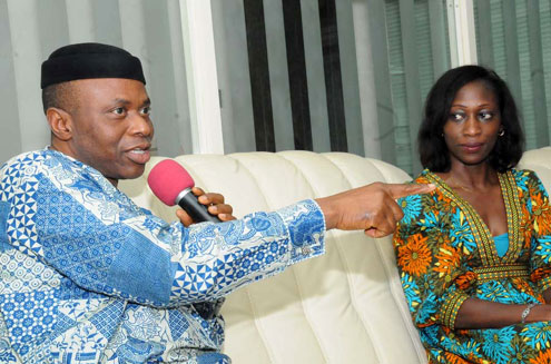 (L-R) Ondo State Governor, Dr. Olusegun Mimiko and the daughter of the late Bashorun MKO Abiola, Hafsat Abiola-Costello during a courtesy call by the younger Abiola on the Governor in Akure on Tuesday.