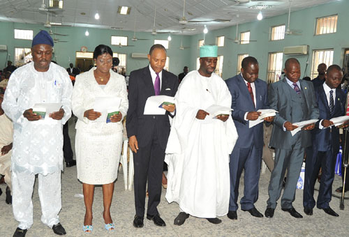 Newly appointed Osun State Commissioners from left, Commissioner for Information and Strategy, Mr. Sunday Akintunde Akere; Dr. (Mrs.) Temitope Ilori-Health; Mr. Stephen Kola-Balogun-Youth Sports and Social Needs; Arc. Olumuyiwa Ige-Lands; Physical Planining and Urban Development; Dr. Wale Bolorunduro-Finance; Barrister Surajudeen Ajibola Basiru-Regional Integration and Special Duties and Mr. Kolapo Alimi-Local Goverment and Chieftancy Affairs, during the swearing-in-ceremony of the commissioners, at the Local Government Service Commission, Osogbo, Osun State on Friday 12-08-2011
