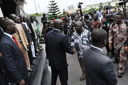 Lagos State Governor, Mr. Babatunde Fashola SAN (2nd left), addressing the members of the Coalition of Civil Societies Against Injustice during their peaceful protest to the Governorâ€™s Office against the removal of the President of the Court of Appeal, Hon. Justice Ayo Isa Salami, at the Lagos House, Ikeja, on Monday, August 22, 2011.