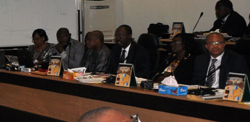 Commissioner for Economic Planning and Budget, Mr. Ben Akabueze (right), Commissioner for Establishments and Training, Mrs. Florence Oguntuase (2nd right), Commissioner for Finance, Mr. Adetokunbo Abiru (3rd right), Commissioner for Waterfront and Infrastructure, Prince Adesegun Oniru (3rd left) and Director of Finance and Administration, Motor Vehicle Administration Agency, Mrs.  Olubukunola Omolaja (left) during the presentation and demonstration of the Auto Vehicle Inspector at the EXCO Chambers, Lagos House, Ikeja, on Monday, August 15, 2011.