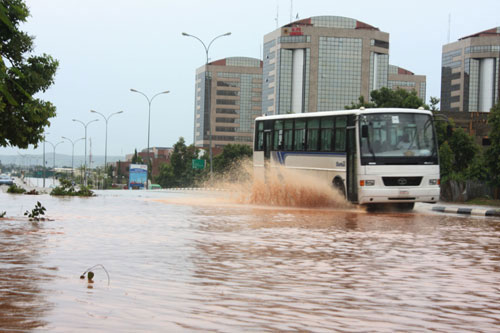 Flood at the central area opposite, NNPC Tower after the monday night heavy rainfall in Abuja