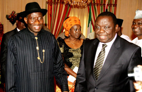 PRESIDENT GOODLUCK JONATHAN WITH VISITING PRIME MINISTER OF ZIMBABWE, RT. HON. MORGAN TSVANGIRAI DURING HIS VISIT TO THE STATE HOUSE IN ABUJA TODAY WEDNESDAY.