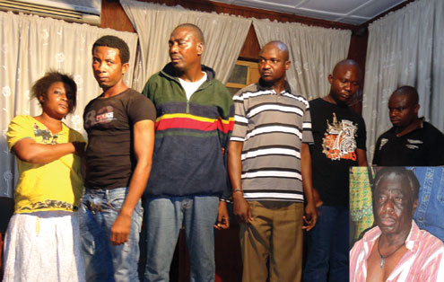 The suspected kidnappers of Mr. Michael Obi, the father of Chelsea player, Mikel, in the office of Kano State Police Commissione, shortly after they were arrested yesterday. PHOTO: AFP.