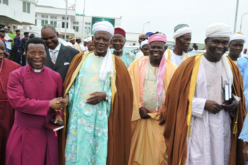From left, Bishop of Osogbo Anglican Communion, Rt. Reverend James Afolabi; President, League of Imams and Alfas (South West), Sheik Mustapa Ajisafe, Spokes man of Alfas, Alhaji Adediran Lawal; Assistant Imam of Ife, Alhaji Wasir Abdul Hamid and others, during a meeting between the State Government, the Traditional Rulers and Religious Leaders in Osun State with Labour Representatives over the on-going srike action at the Local Government Service Commissioner, Osogbo, Osun State on Monday 22-08-2011