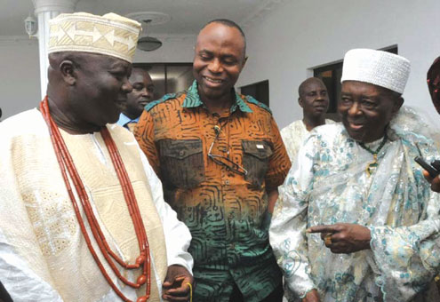 L-R: Deji of Akure, Oba Adebiyi Adesida, Ondo State Governor, Dr Olusegun Mimiko and the Ooni of Ife, Oba Okunade Sijuade during a courtesy call on Dr Mimiko at the Government House in Akure today.