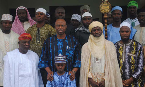 (L-R) Ondo State Deputy Governor, Alhaji Ali Olanusi, The Governor, Dr Olusegun Mimiko, Chief Imam of Akure, Shiekh Abdul Hakeem Akorede and the Chairman, Moslem Welfare Board, Alhaji Ibrahim Jimoh during a courtesy call by Moslem leaders in the State on Governor Mimiko shortly after the Ramadan prayers at the Government House, Akure on Tuesday.