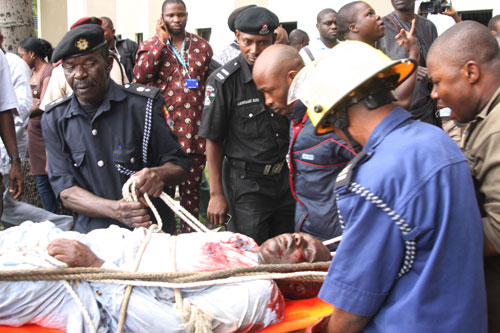 Scenes of the bomb blast at UN headquarters in Abuja this morning. PHOTOS: NNAMDI FELIX.