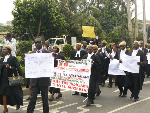 Lawyers protesting against the suspension of Justice Ayo Salami as the President of the Appeal Court this morning at Allen juction, Lagos.Photo Kola Aliyu.