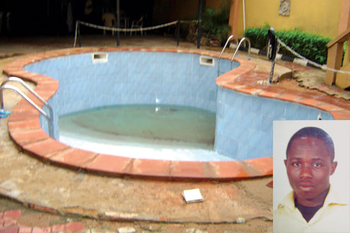 The pool in which a barman reportedly died. Inset: Moses Adeniyi Ajewole, the barman.