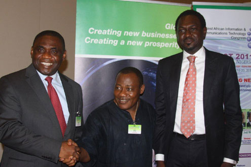 Left to Right: Director , Public Affairs, Nigerian Communications Commission (NCC), Mr. Tony Ojobo, Publisher IT&Telecoms Digest, Mr. Mkpe Abang with Head of Glo 1, Mr. Folu Aderibigbe discussing during the opening ceremony of the West African Information and Telecommunications (WAFICIT) Congress at Eko Expo centre Lagos on Tuesday.