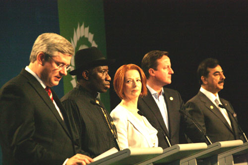 FROM LEFT, CANADIAN PRIME MINISTER, RR. HON, STEPHEN HARPER, PRESIDENT GOODLUCK JONATHAN, AUTRALIAN PRIME MINISTER, JULIA GILLARD, BRITISH PRIME MINISTER, DAVID CAMERON AND PAKISTANI PRIME MINISTER, SYED YOUSAF RAZA GILLANI DURING A NEWS CONFERENCE ON POLIO ERADICATION TODAY SATURDAY IN PERTH, AUSTRALIA.