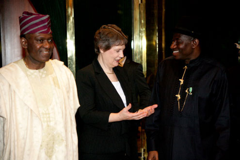 PRESIDENT GOODLUCK JONATHAN WITH VISITING MS. HELEN CLARK, UNDP ADMINISTRATOR AND MINISTER OF FOREIGN AFFAIRS, AMB. OLUGBENGA ASHIRU AT THE STATE HOUSE, ABUJA, TODAY TUESDAY