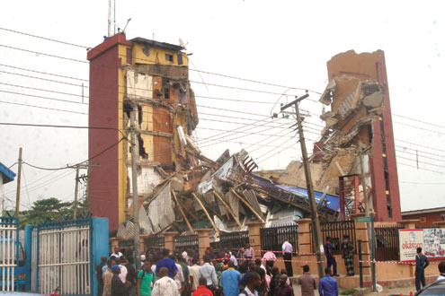 The collapsed office complex along Ikorodu Road, opposite Channels Television, Maryland, Lagos, yesterday. PHOTO: OLUWASANMI Joseph.