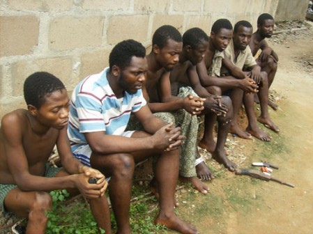 FILE PHOTO: A seven-man robbery gang paraded by  the police 