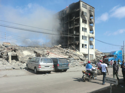 The six-storey NASCO building on Burma Road, Apapa, razed by fire yesterday. PHOTO: MOSES FAlobi. See story on pg.2.