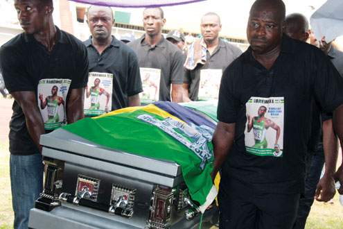 The remains of Nigeriaâ€™s late sport star, Sunday Bada, being taken to the main bowl of the National Stadium, Surulere, Lagos, for the lying in state today. PHOTOS: IDOWU OGUNLEYE.