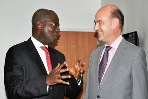 Lagos State Governor, Mr. Babatunde Fashola SAN (left) discussing with the British Deputy High Commissioner to Nigeria, Mr. Peter West (right) during his courtesy visit to the Governor at the State House, Alausa-Ikeja, Lagos, on Monday, February 20, 2012.
