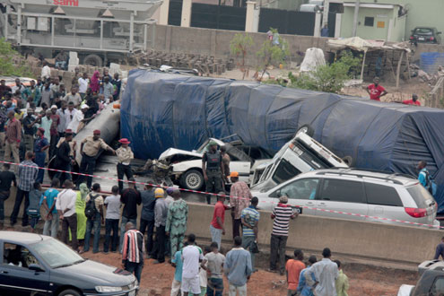 Scene of today’s multiple crash in Lagos. PHOTO: IDOWU OGUNLEYE.
