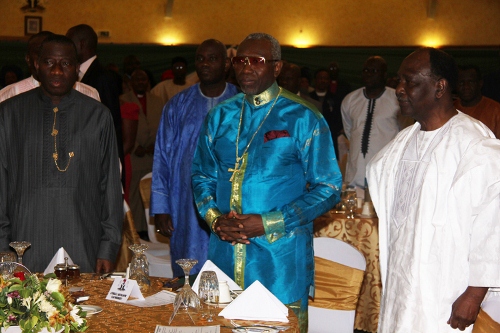 From left: President Goodlcuk Jonathan, CAN President, Bishop Ayo Oritsejafor and former Head of States, Gen. Yakubu Gowon during the 2nd Presidential Breakfast Prayer Meeting at the Banquet Hall, Aso Rock, Abuja. 14/04/2012.