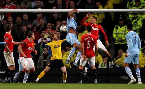 Man City Skipper, Vincent Kompany heads home the crucial winner in Monday’s EPL match against Man United at the Etihad Stadium.