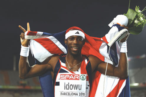 Nigerian born British athlete Phillip Idowu celebrates his victory at a recent Championship.