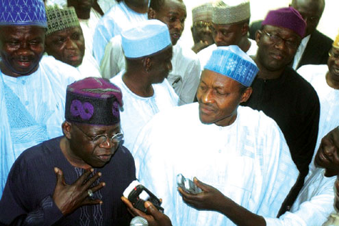 •Former Governor of Lagos State and ACN leader Asiwaju Bola Ahmed Tinubu (l) fielding question from journalists and  former military Head of State, General Muhammadu Buhari, CPC Presidential candidate in April 2011 election, at a meeting in  Buhari’s residence in Kaduna, yesterday.