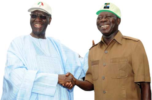 “I told you I’ll be re-elected,” Governor Oshiomhole (r) seems to be telling PDP’s stalwart, Chief Tony Anenih.