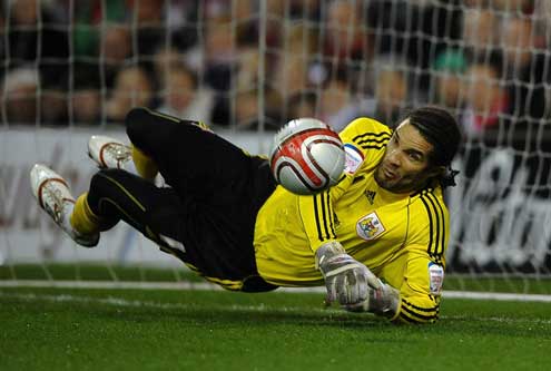 David James of Bristol City makes a diving save during a championship match between Nottingham Forest and Bristol City on 25 January, 2011.