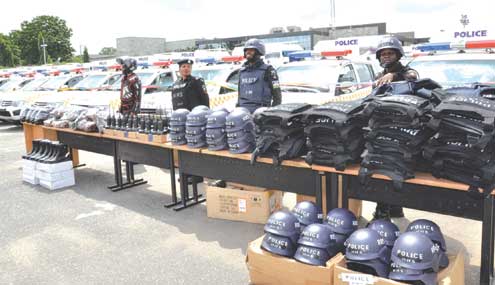 •Security items and 114 security vehicles procured by the 20 LGAs/37 LCDAs of Lagos State under the auspices of the State Security Trust Fund during the official hand over of the vehicles at the Lagos House, Ikeja, yesterday.