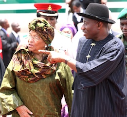 Sirleaf with President Jonathan on arrival today