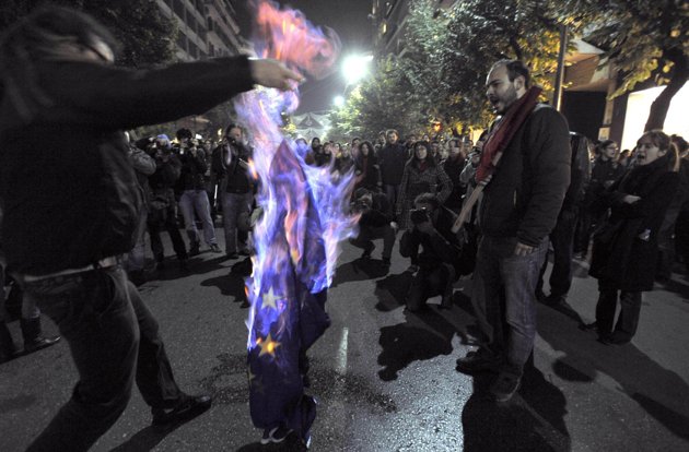 Associated Press/ Nikolas Giakoumidis, File – FILE – Demonstrators burn an EU flag in this file photo dated Thursday Nov. 17, 2011, in Thessaloniki, Greece. It is announced Friday Oct. 12, 2012, that the European …more  Union has been awarded the Nobel Peace Prize for its efforts to promote peace and democracy in Europe, in the midst of the union’s biggest crisis since its creation in the 1950s. The Norwegian prize committee said the EU receives the award for six decades of contributions “to the advancement of peace and reconciliation, democracy and human rights in Europe. (AP Photo/ Nikolas Giakoumidis, File)