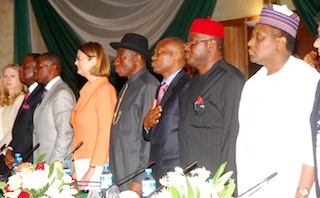 Chelsea Clinton, extreme left, with President Jonathan and others