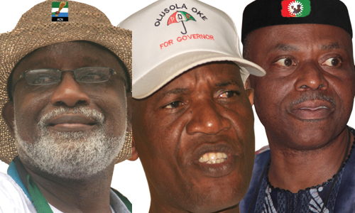 L-R: ACN’s candidate, Rotimi Akeredelu, PDP’s flagbearer, Olusola Oke and incumbent Goverbor, Olusegun Mimiko of Labour Party.