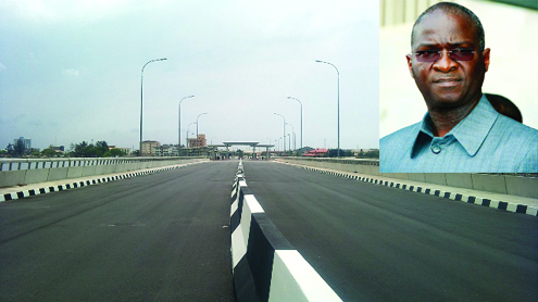 The new Lekki-Ikoyi Bridge. Inset is Lagos State Governor Babatunde Fashola