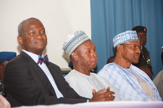 L-R- Gov Babatunde Fashola, Aminu Masari, forner Speaker House of Rep and Muhammadu Buhari