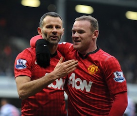 Ryan Giggs and Wayne Rooney celebrate Giggs goal
