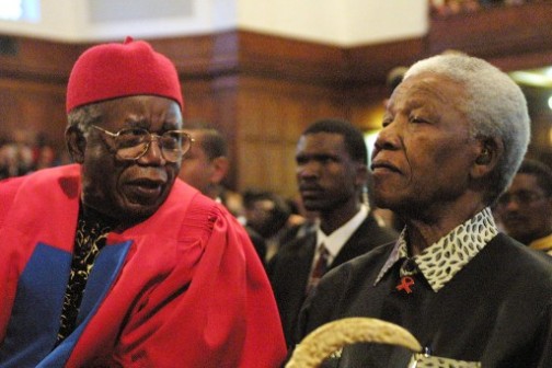 Achebe with Mandela on 12/9/2002 at the University of Cape Town, South Africa. Achebe delivered the 3rd Steve Biko lecture and was also  honored with Doctor of Literature