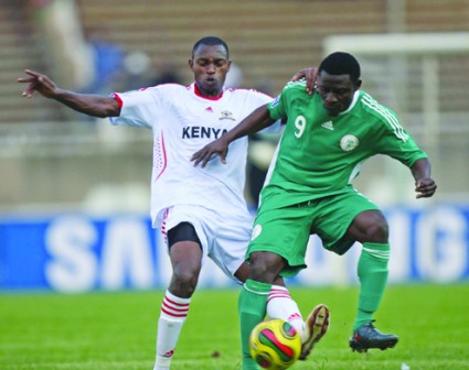 FLASHBACK...Kenyas John Njoroge (left) fights for the ball with Nigeria's Obafemi Martins during their 2010 World Cup qualifier at Moi International Stadium, Nairobi, Kenya on 14 November, 2009. Nigeria play Kenya in a 2014 World Cup qualifying match in Calabar, Cross River tomorrow.