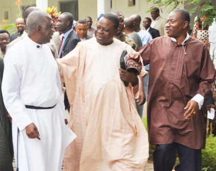 CHAPLAIN, ASO VILLA CHAPEL, VEN OBIOMA ONWUZURUMBA; DEACON SAMUEL IDOWU AND PRESIDENT GOODLUCK JONATHAN AFTER GOOD FRIDAY CHURCH