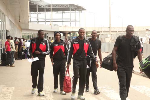 Players of Harambee Stars of Kenya at the Murtala Mohammed Airport, Ikeja after their arrival on Wednesday