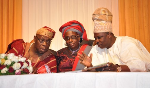 The birthday boy, Obasanjo, his wife Bola and Governor Amosun