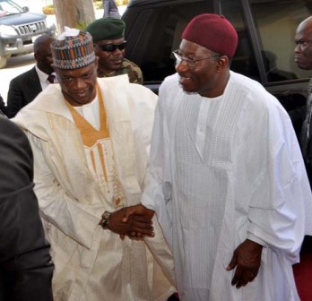 Presidnet Goodlucl Jonathan (l) being welcomed by Gov Ibrahim Gaidam of Yobe State during the President's official visit to the state in Damaturu on Thursday, 7 March, 2013