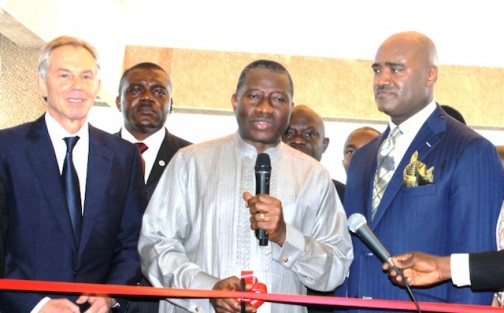President Jonathan commissioning the church. Left is Tony Blair and and right, founder of the Church, Paul Adefarasin