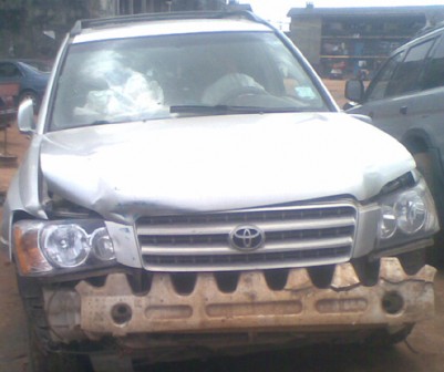 Damaged Toyota Highlander SUV driven by a spare parts dealer shot dead by the police in Lagos on Thursday.