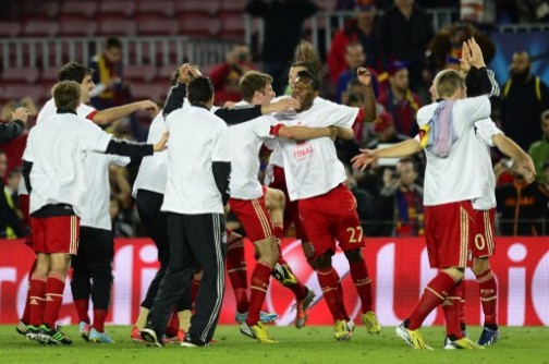 Bayern players celebrate back to back victory against Barca