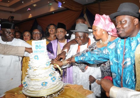 L - R: PDP  National Chairman Alhaji Bamanga Tukur; Vice President Mohammed Namadi Sambo; Chief Edwin Clark & his wife (Dr) Mrs. Bisola Clark and Governor of Delta State, Emmanuel Uduaghan; during the cutting of cake at the 86 years birthday celebration of Chief Edwin Clark in Abuja on Sunday 26/ 5/2013.