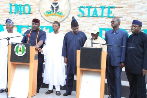 Solidarity: ACN governors, Ajimobi, Aregbesola, Amosun, Oshiomhole, Fashola and Fayemi, with Okorocha, 2nd left