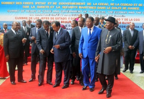 (From L) The presidents of Gabon Ali Bongo Ondimba , Togo Faure Gnassingbe, Chad Idriss Deby Itno, Cameroon Paul Biya, Congo Denis Sassou Nguesso, Burkina Faso Blaise Compaore, Benin Thomas Yayi Boni and Nigeria Goodluck Jonathan prepare for a group picture during the opening in Yaounde of a meeting of West and Central African leaders on maritime security in the pirate-infested Gulf of Guinea. Leaders of the Economic Community of West African States (ECOWAS) and the Economic Community of Central African States (ECCAS) are to deliberate on new proposals and a joint action plan to tackle piracy and maritime criminality in the region.  AFP PHOTO 