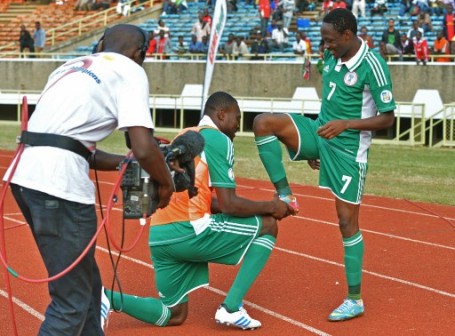 Ahmed Musa celebrates with Godfrey Oboboma