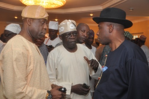 Amaechi, right, visits Tinubu (centre)over mother's death. Left is Dele Alake